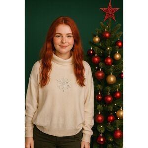 Vintage‎ Meister Wool Blend Cream Rhinestone Snowflake Knit Turtleneck Sweater